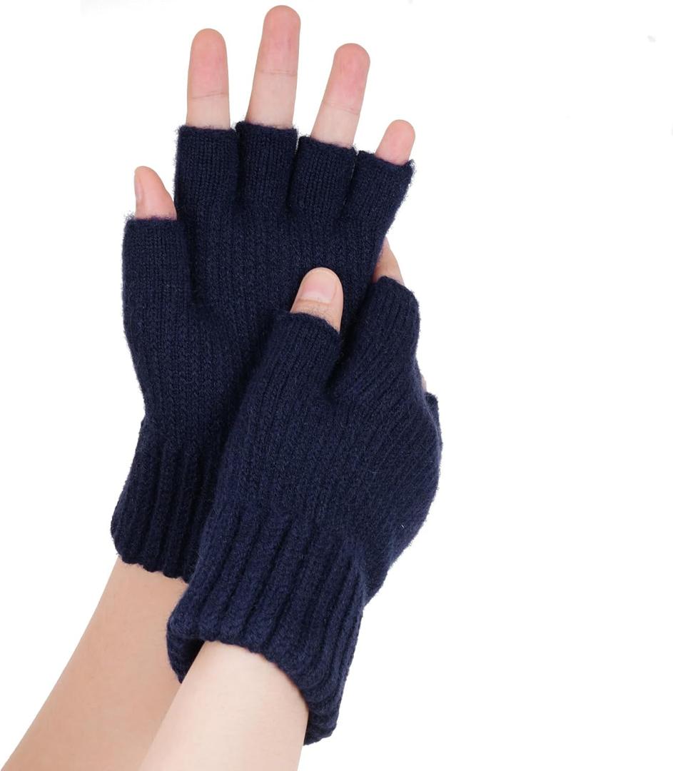 1Pairs Half Finger Gloves for Men Women Winter Warm Knit Fingerless gloves for women and men (One Size, Navy)