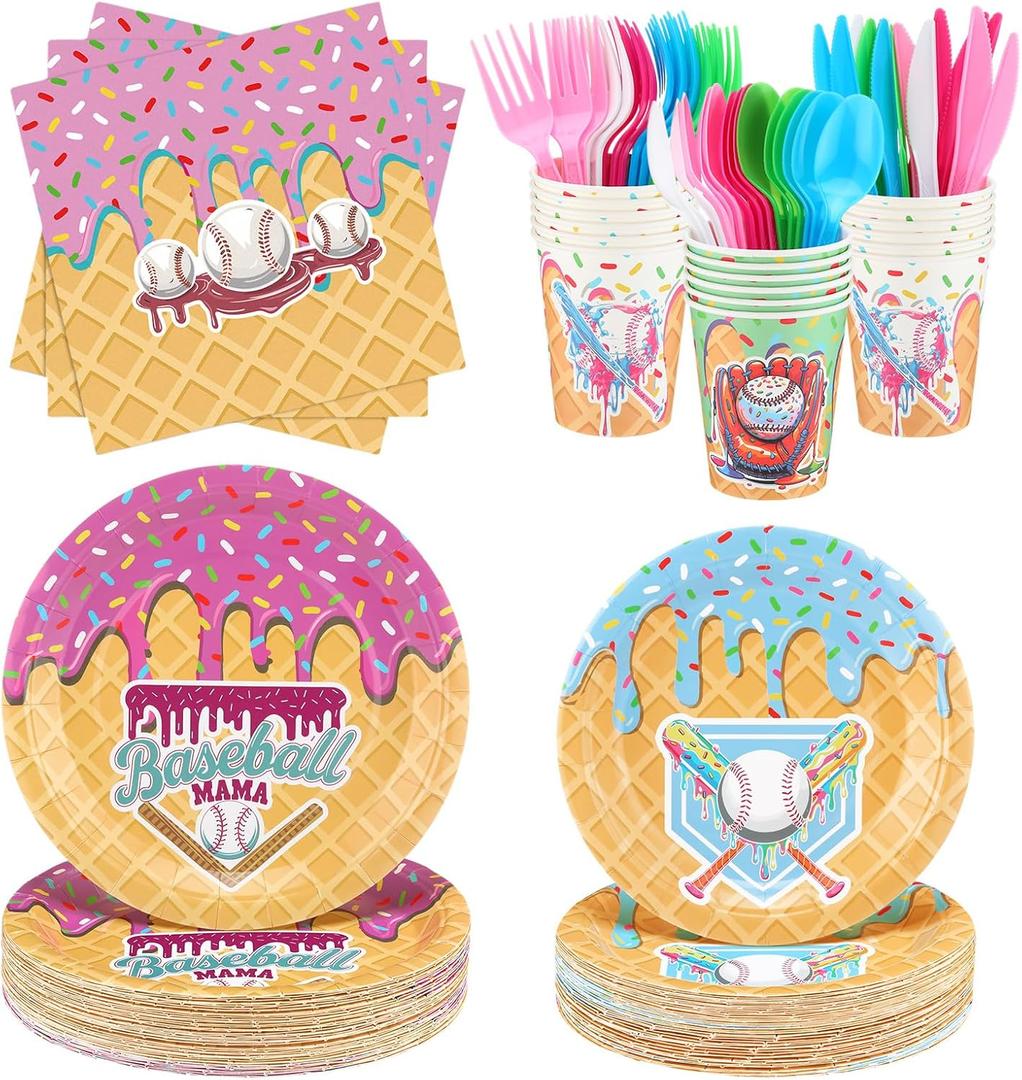 FoldTier 350 Pcs Baseball Ice Cream Dripping Birthday Party Decorations Set Ice Cream Paper Plates Napkins Fork Set Disposable Fairy Tableware Decorations Supplies for Baby Shower Dinner Serves 50