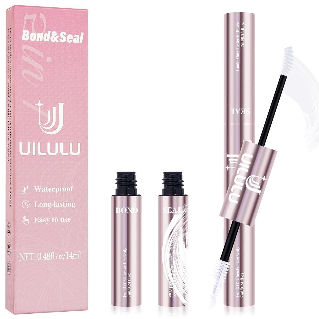 Uilulu Lash Cluster Glue, Lash Bond and Seal for Eyelash Clusters White 2-in-1 Glue DIY at Home Use Hold Long-Lasting Eyelash Adhesive(7ml+7ml)