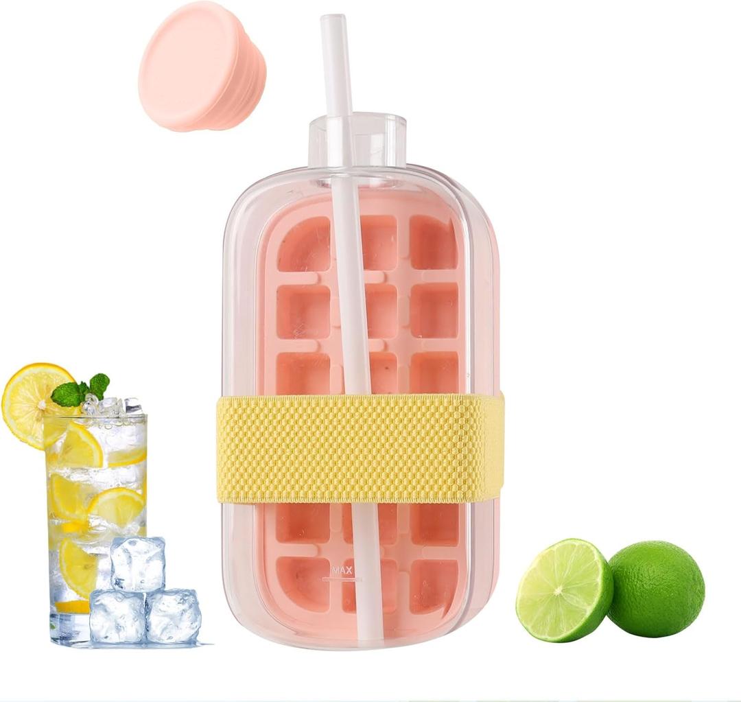 800ML My Crush Cup, YFJOLEN 2 in 1 Ice Cube Water Bottle with Straw for Cool Summer, Zero Touch Press Ice Cube Mold Tray for Coffee Juice Gym Outdoor Travel (Pink)