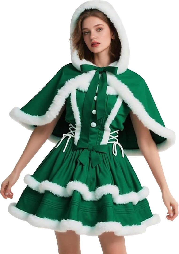 Women's Christmas Dress Skirt and Hooded Cloak Match  (Medium, Green)