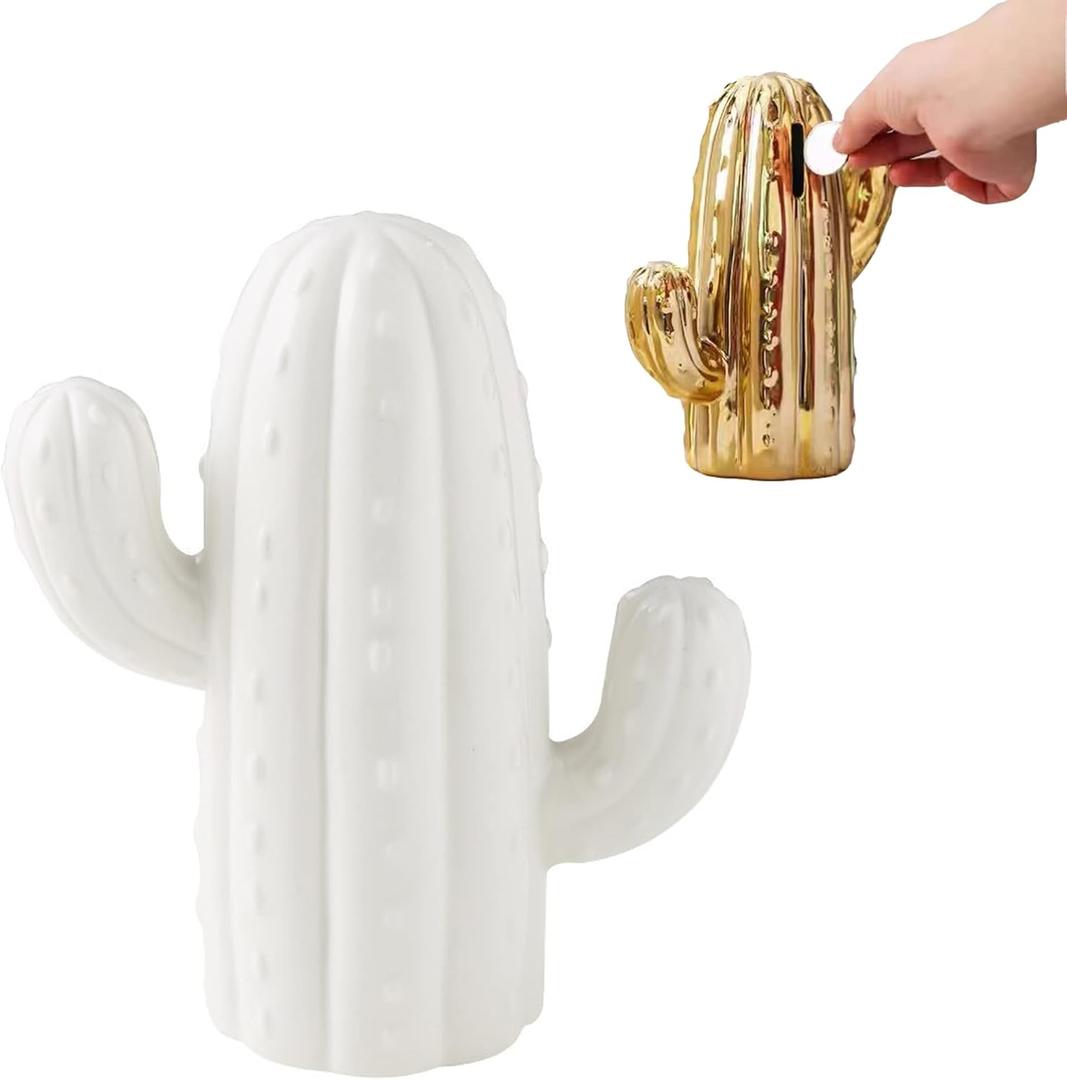 Piggy Bank for Adults, Ceramic Cactus Money Bank Girls, Cute Decoration Coin Bank, Christmas Birthday Gifts for Boys Girls, Home Decor for Living Room Bedroom (White)
