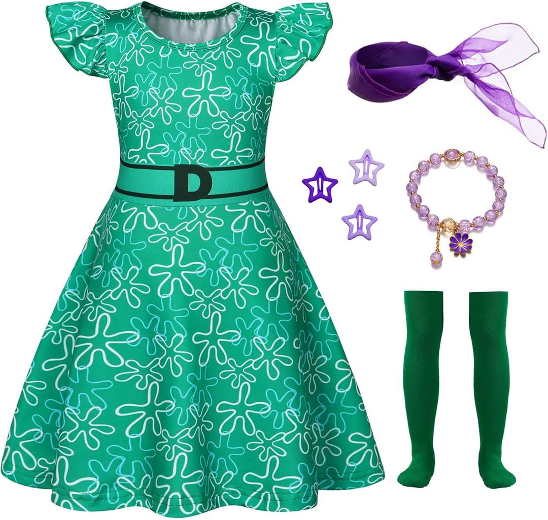 Akokvlar Girls Green Costume Cartoon Yellow Joy Costume Dress Halloween Outfit (8-9 Years)