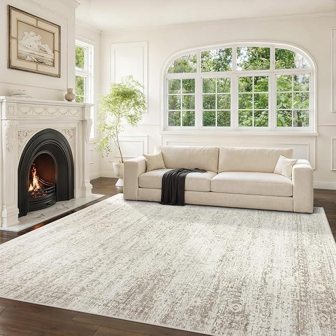 Washable Rugs 8x10 Rectangular Area Rugs for Living Room,Ultra Soft Faux Wool Retro Rugs for Bedroom,Dining Room,Non Slip&Non-Shedding Low Pile Vintage Print Rug Indoor Large Carpets for Home Office Decor, Beige-ivory-cream-brown-camel