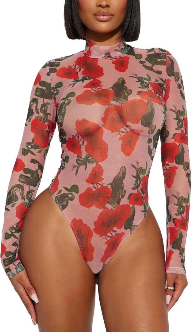 AVZXSA Women's Printed Mesh Long Sleeve Bodysuit, Sexy One Piece with Mock Neck Snap Crotch Leotard Top (Medium, Rose Red Combo)