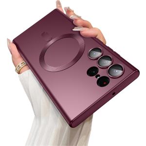 LEKEVO Magnetic for Samsung Galaxy S23 Ultra Case [Compatible with MagSafe][Built-in Camera Lens Protector] Slim Soft Silicone Bumper Shockproof Metallic Luster Phone Case (Burgundy)