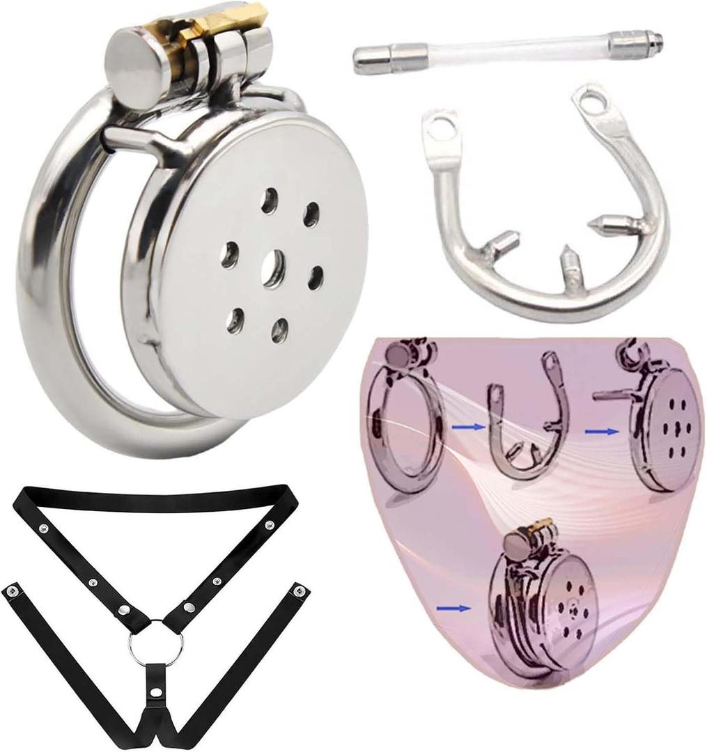 Stainless Steel Flat Plate Protective Cage for Sissy Men, Anti Escape and Slip, New Breathable with Belt and Tube Set -A16CCUS (50mmA)