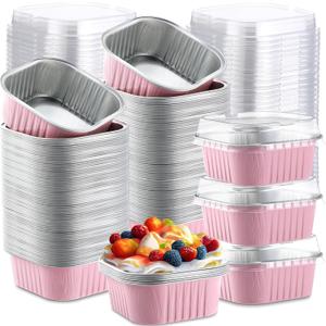 Aoriher 300 Pieces 10 oz Mini Cake Pans with Lids, Aluminum Foil Baking Cups, Square Disposable Cupcake Cups Baking Tins for Wedding Birthday Party Supplies(Pink)