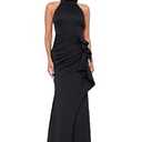 Xscape Women's Sleek Sleeveless V-Neck Gown with Cascading Ruffle and High Slit, Black, 8 (Black)