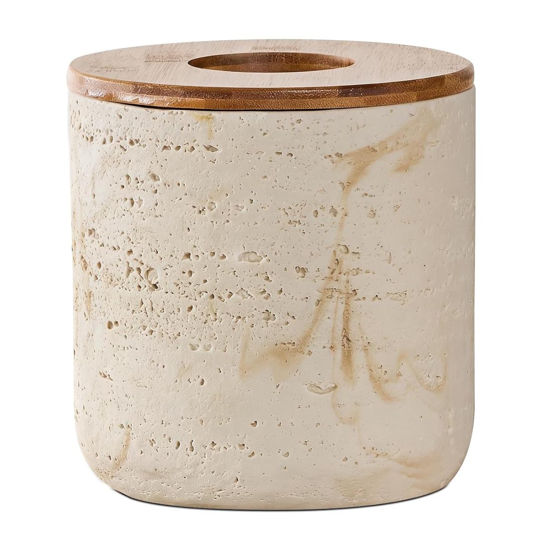 Natural Travertine Textures Beige Mini Trash Can with Bamboo Lid,Small Countertop Trash Can for Bathroom, Kitchen, Vanity, Desk Trash Can,Table Top Mini Garbage Can for Dining Room, Tiny Waste Basket