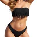 RELLECIGA Women's Bandeau Bikini Set Fringe Low Waisted Swimsuit Brazilian Two Piece Bathing Suit (S)