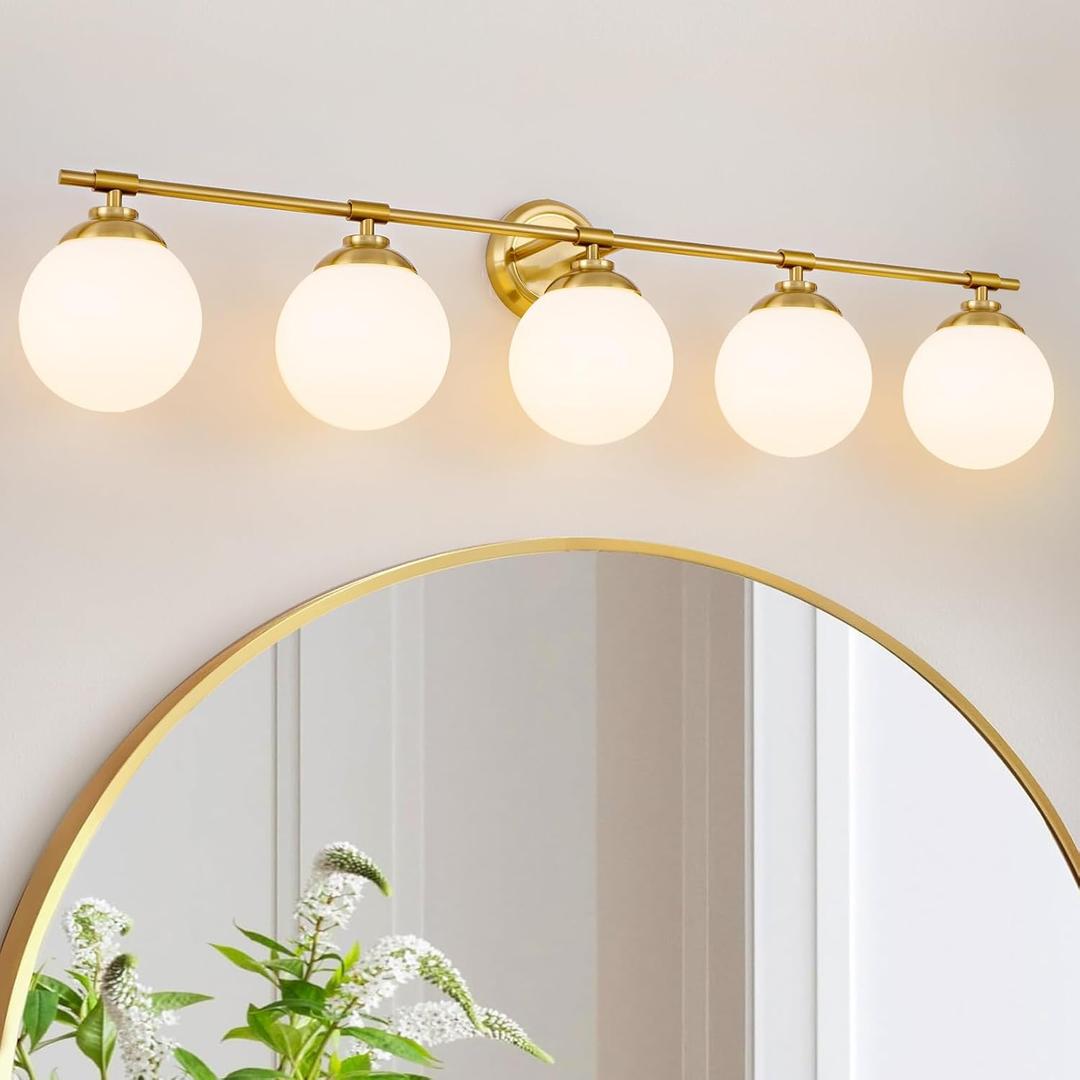 Gold Bathroom Light Fixtures, 5 Light Vanity Lights Over Mirror, Mid Century Vanity Lights for Bathroom, Milk White Glass Shades, E26 Base Bulbs Not Included