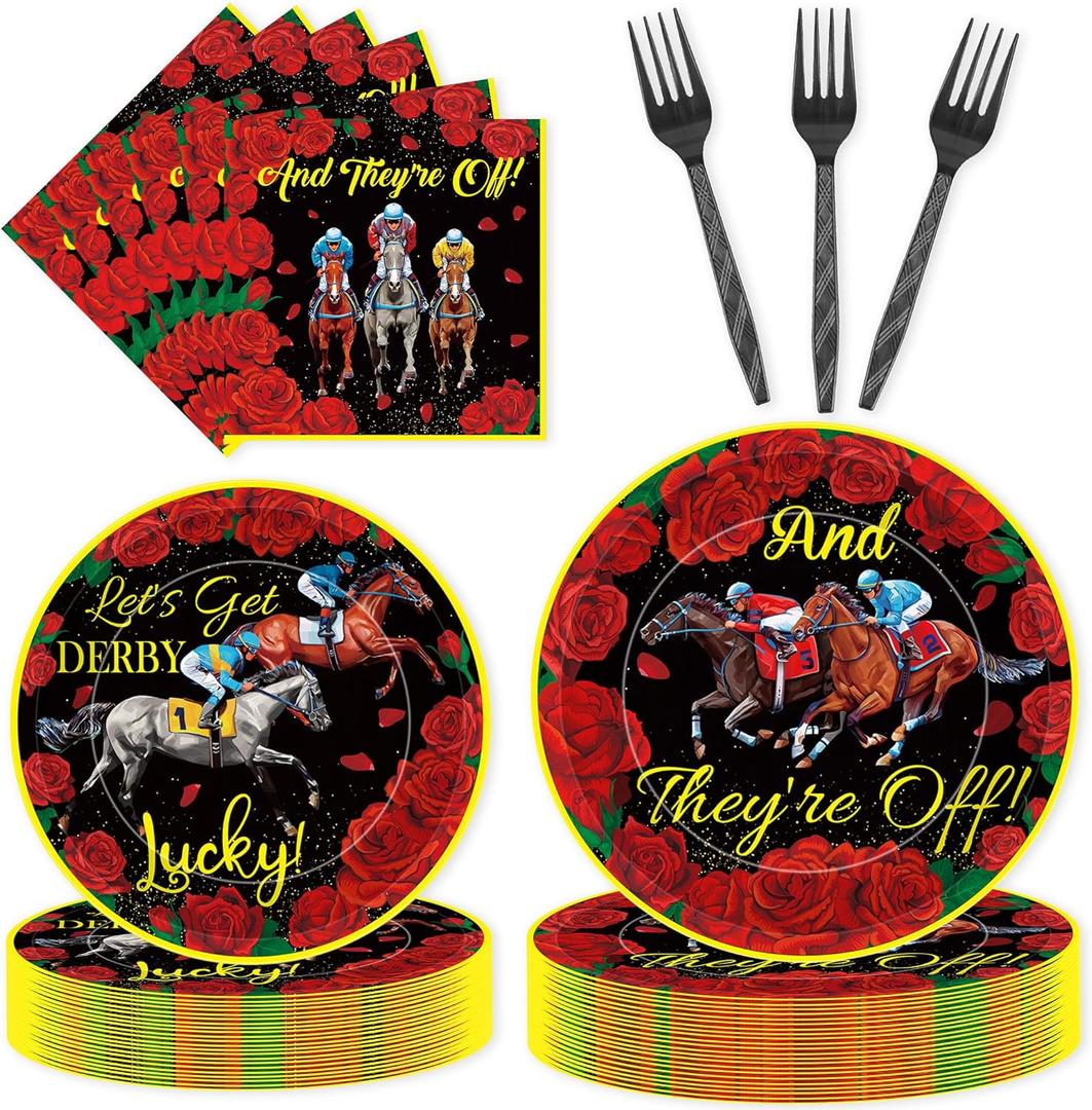 Romart 96Pcs Kentucky Party Supplies, Derby Rose Horse Racing Tableware Sets Including Disposable Paper Plates Napkins Forks Serves 24 for Derby Day Horse Themed Party Decorations