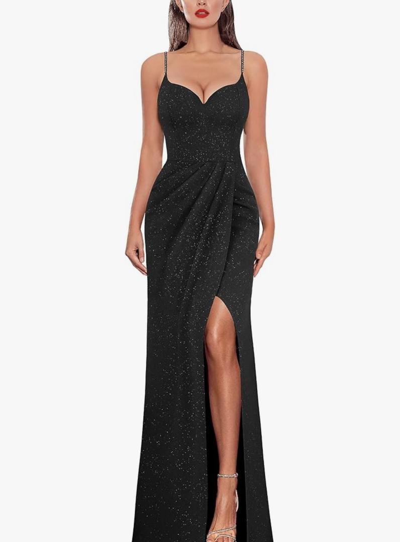 VFSHOW Women's Sexy Formal Ruched Fitted High Slit Bodycon Maxi Dress Spaghetti Strap Sweetheart Cocktail Prom Evening Gown, S