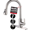 Mueller Single Handle Stainless Steel Kitchen Sink Faucet, High Arc, Single Lever, Pull-Out Sprayer Head, Stream Flow, Powerful Spray Kitchen Sink, with Deck Plate Brushed Nickel Finish