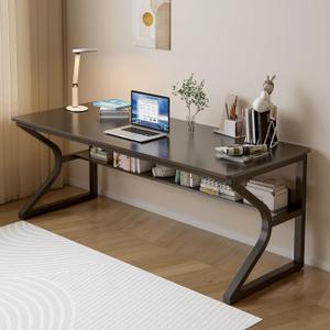OSCHF Extra Long Desk with Bookshelf - 63" Double Long Writing Table for 2-Person Workstation, Modern Study Work Computer Desk for Home and Office, Black, 63x23.6 inch