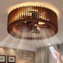 20 Inch Dark Brown Wooden Low Profile Ceiling Fan with Light and Remote, Wood Ceiling Fan, Farmhouse Caged Ceiling Fan with 6-Speed Reversible Motor for Bedroom, Living Room, Kitchen