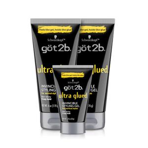 got2b Ultra Glued Invincible Styling Gel Set, 6 Fl Oz (2-Tube) + 1.25 Fl Oz Travel Size, Hair Gel for Men and Women with Extra Strong Hold, Non-Sticky, No-Flake Formula for Vertical Styles