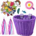 Kid's Bicycle Basket Streamers Set, Children's Bike Handlebar Wicker Basket with Colourful Bike Streamers Bell and Stickers, Bike Decoration Accessories Kit for Girls