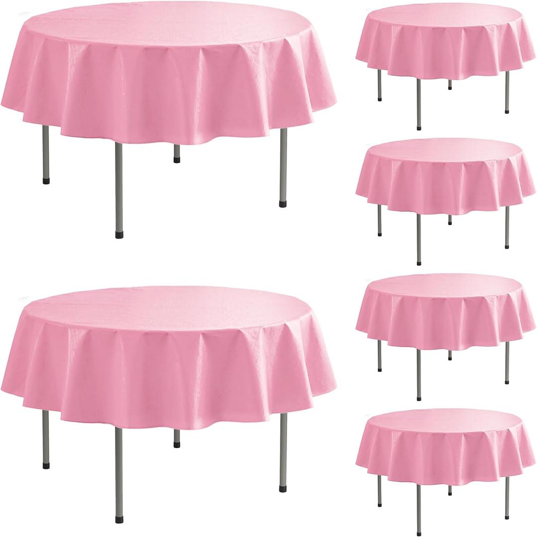 Round Vinyl Tablecloth with Flannel Backing-6 Pack Pink 60 Inch Waterproof Table Cloths Plastic Table Sheets-Wipeable Spillproof PEVA Oilcloth Covers for Picnic Party Camping Dining