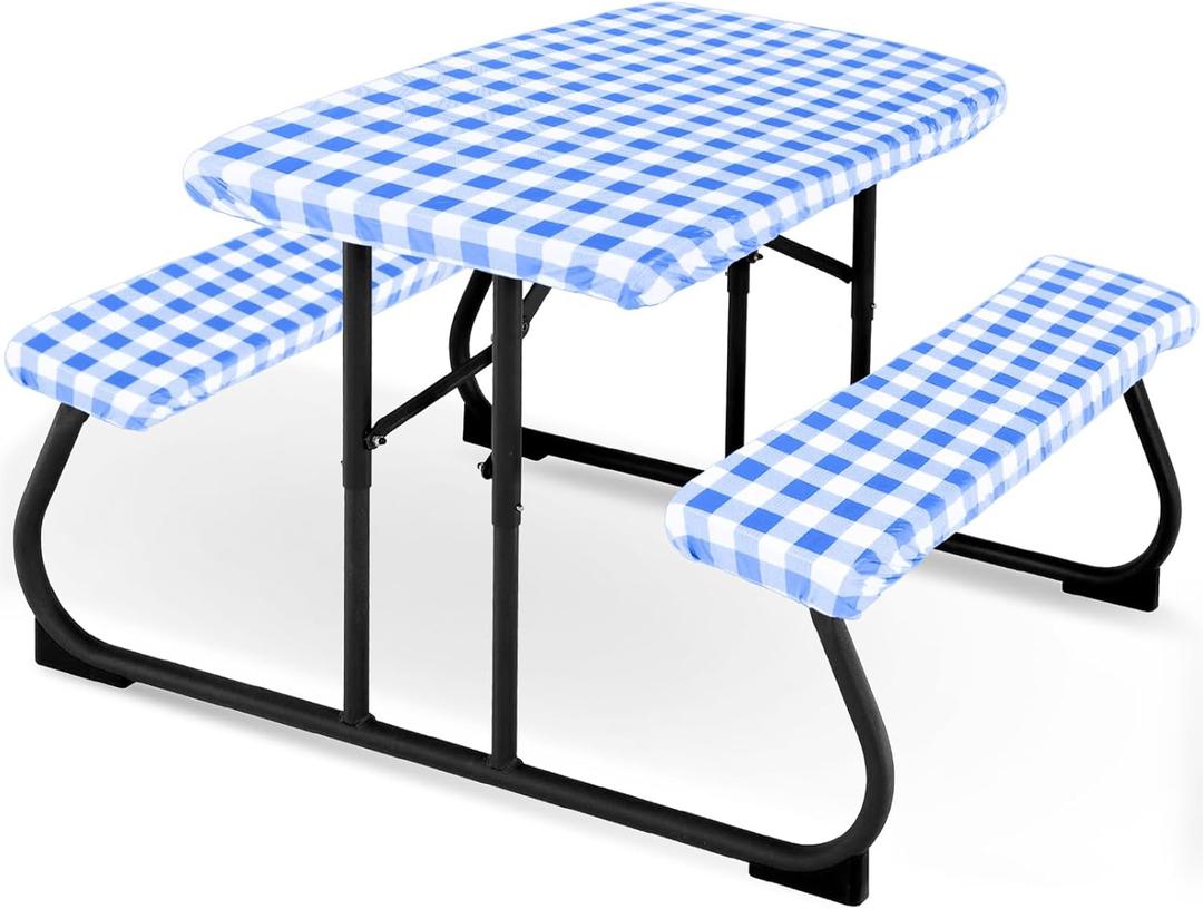 Moukeren 3 Pieces Picnic Table Cover for Kids with Bench Covers Fitted Tablecloth for Outdoors Vinyl Waterproof Cloth for Camping Home Goods Indoor Outdoor Patio BBQ(Blue, White)