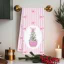 Chinoiserie Christmas Kitchen Towels,Pink Stripes Bow Coquette Christmas Tree Dish Towels,Pink Stripes Christmas Hand Towels for Bathroom Kitchen,Grandmillennial Decor,16x24 Inches