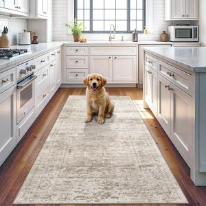 TOPRUUG 3x6 Washable Runner Rug: 6ft Runners for Hallways Soft Non Slip Kitchen Rugs for Bedroom Bathroom Entryway - Stain Resistant Vintage Floral Carpet (Beige/Ivory, 3X6)