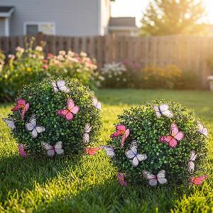 Yunlly 2 Pcs 19.7 Artificial Boxwood Topiary Ball Trees, UV Resistant Artificial Plants with Ground Spike for Outdoor & Indoor Decor, Perfect for Planter, Porch and Front Door (Butterfly)