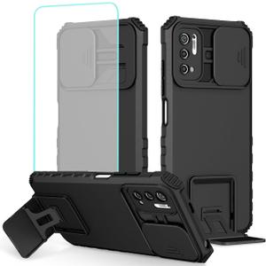 Case for Redmi Note 10 5G/Poco M3 Pro/Redmi Note11 SE 5G Case with Tempered Glass Screen Protector and Slide Camera Cover, Kickstand Protective Phone Cover for Xiaomi Redmi Note 10 5G Black