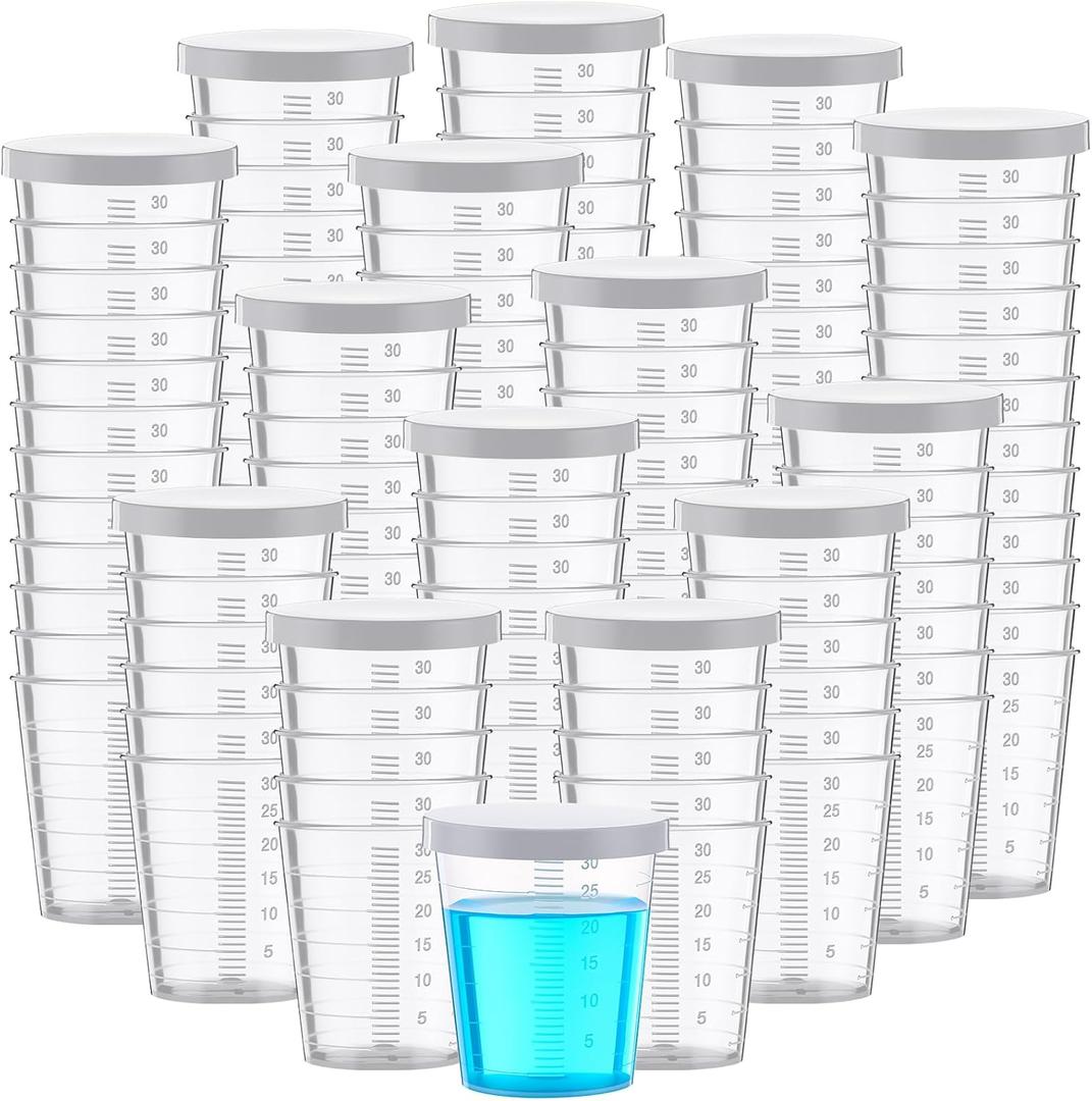 Yiyiring 200 Pcs Plastic Medicine Cups with Lid 30ml Clear Medical Measuring Scale Cups Measure Graduated Container for Medical Purposes or Mixing and Measuring Resin Epoxy DIY Arts