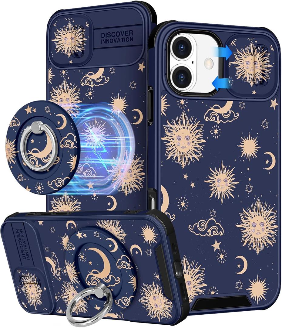 Buleens for iPhone 16 Plus Case 6.7 Inch - with Ring Stand & Camera Cover Aesthetic Cute Designed for Women Girls Girly Kawaii Sun Moon Stars Phone Case for iPhone 16 Plus Compatible with Magsafe