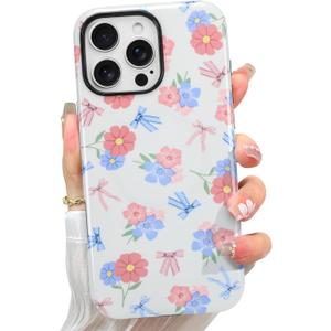 Case Designed for iPhone 16 Pro, Blue & Pink Bow Little Floral Pattern[Compatible with MagSafe] Hard PC+ Soft TPU Heavy Duty Shockproof Drop Protective Women Girls Phone Case