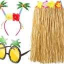 Janmercy 3 Pcs Hawaiian Luau Party Outfits Set Tropical Grass Hula Skirt Headbands Glitter Sunglasses for Women Beach