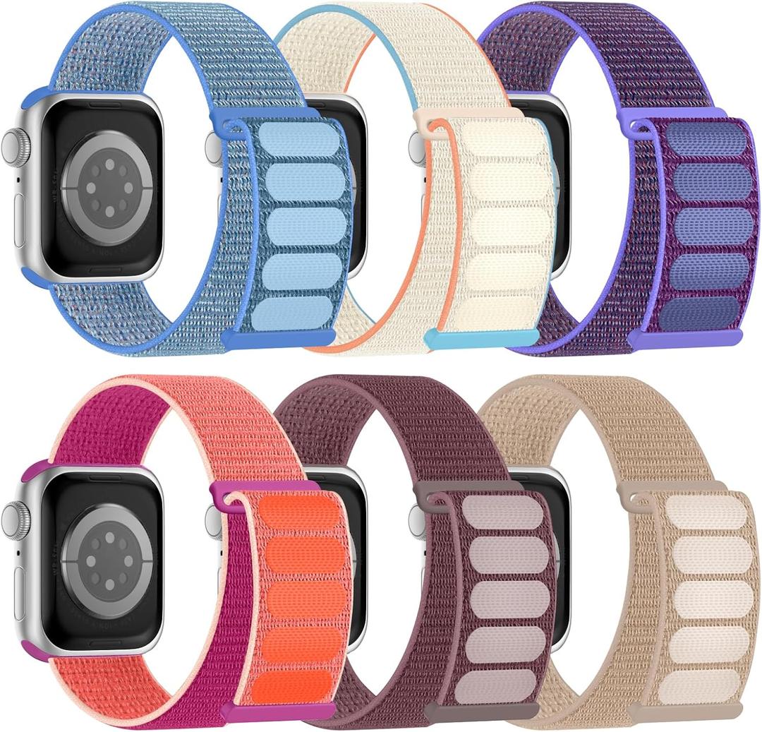6 Pack Sport Nylon Loop Band Compatible with Apple Watch Band 38mm 40mm 41mm 42mm 44mm 45mm 46mm 49mm for Women Men, Adjustable Breathable Braided Straps for iWatch Series 11/10/9/8/7/6/5/4/3/SE/Ultra