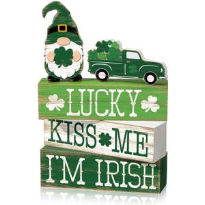5 Pcs St Patricks Day Table Decoration Wooden Stacked Block Decor Rustic Irish Tiered Tray Sign with Gnome & Truck, "lucky Kiss Me I'm Irish" Table Centerpiece for Home Kitchen Shelf Mantel