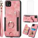 Asuwish Phone Case for Samsung Galaxy A22 5G Wallet Cover with Tempered Glass Screen Protector Wrist Strap Lanyard RFID Credit Card Holder Ring Stand Cell Accessories A 22 22A A22s G5 Women Men Pink