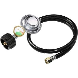 2 ft Rubber Propane Regulator Hose with Pressure Gauge, for Outdoor Camping Heating or Outdoor BBQ Equipment, Burner Stoves, Gas Heaters, Forced Air Heaters, Blackstone Grills