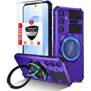 for Samsung Galaxy S25 Case Compatible Wireless Charging Magnetic,with 1 Screen Protector,for S25 Phone Case Built-in 360Kickstand Ring Military Grade Shockproof Heavy Duty Protection Purple