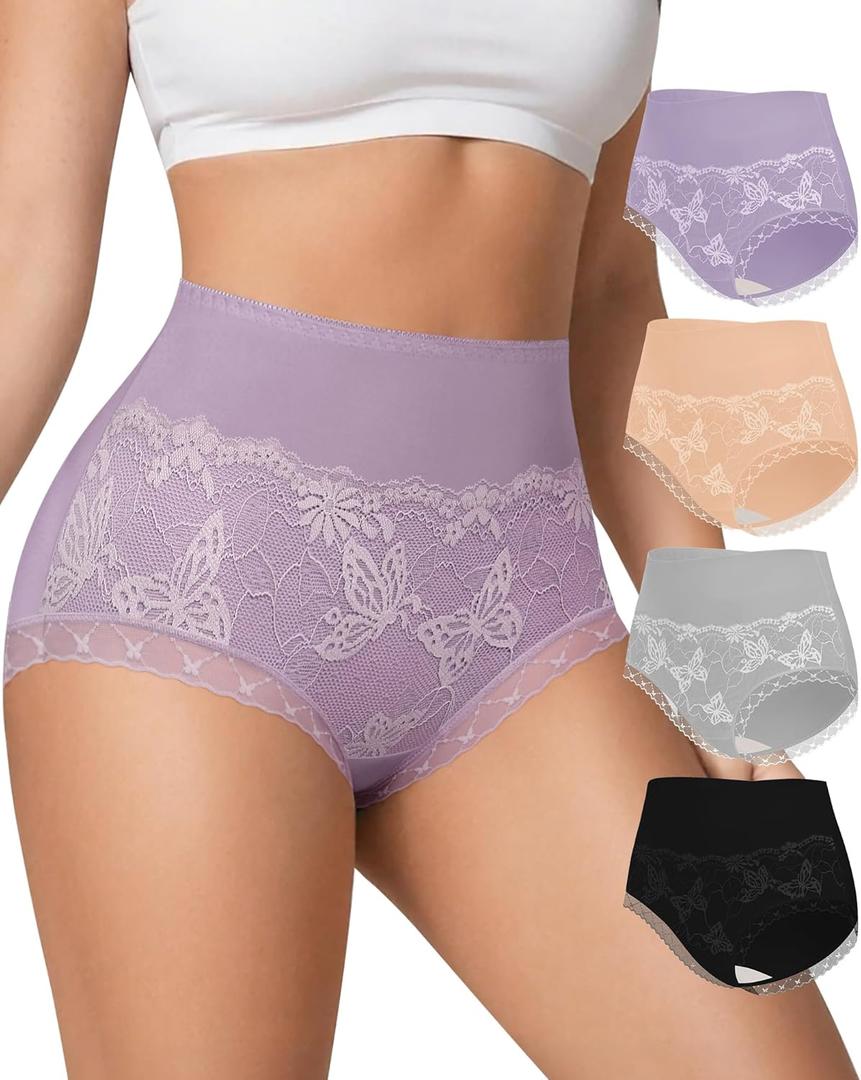 Women's Underwear 4 Pack Cotton High Waisted Ladies Panties with Lace 4-Way Stretch Comfortable Full Coverage (Medium)