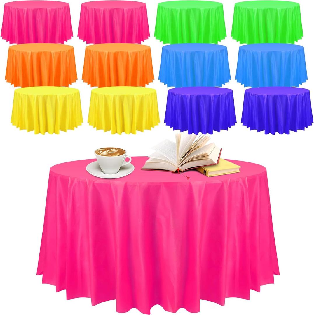 Preboun 84 Inch Large Neon Tablecloth Disposable Plastic Round Party Table Cover Decor Assorted Color Tablecloth Circle Table Cover for Wedding Birthday Picnic Tea Party Decor(Fresh Color,12 Pack)