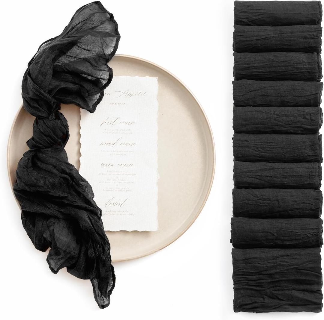 Ling's Moment Luxury Cloth Wedding Napkins - 19x19 Inch Reusable Cheesecloth Linen Napkins for Wedding Reception, Bridal Shower, Dinner Table - Washable, Durable (Set of 10), [Black]