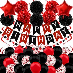 Black and Red Birthday Decorations - Happy Birthday Banner for Boys Girls Men Women Party Supplies
