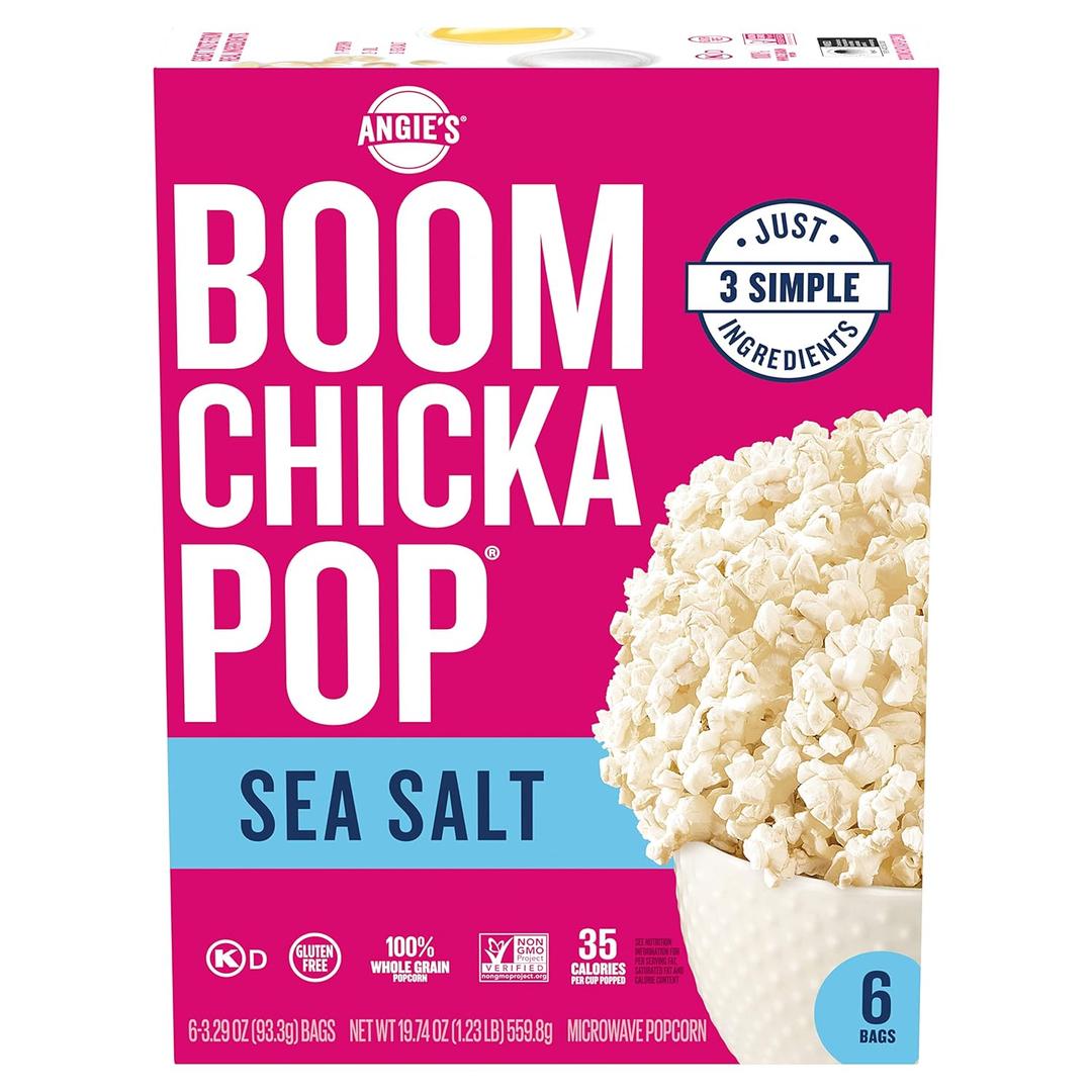 Angie's BOOMCHICKAPOP Sea Salt Microwave Popcorn, 6 Count, 3.29 oz. bags Best By JUL 11 2025