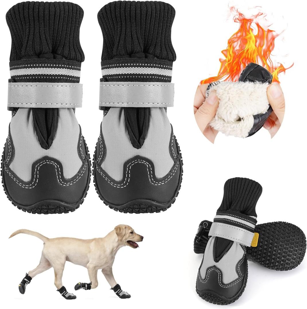 SlowTon Dog Boots - Waterproof Fleece Lined Dog Shoes for Dogs, Soft Rubber Paw Protector for Winter Snow, Dog Booties for Outdoor Walking, Hiking Rain, Grey - White Stitching, Size 3 (Width 2.0 inch for 27-33 lbs)