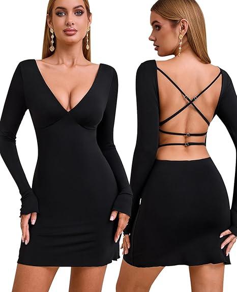 GLNEGE Long Sleeve V-Neck Bodycon Mini Dresses Sexy Backless Cocktail Party Club Night Out Dress for Women Black S