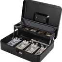 Jssmst Locking Metal Cash Box with Coin Lid, 11.8L x 9.5W x 3.5H Inches, Safe Money Box with Combination Lock, Black