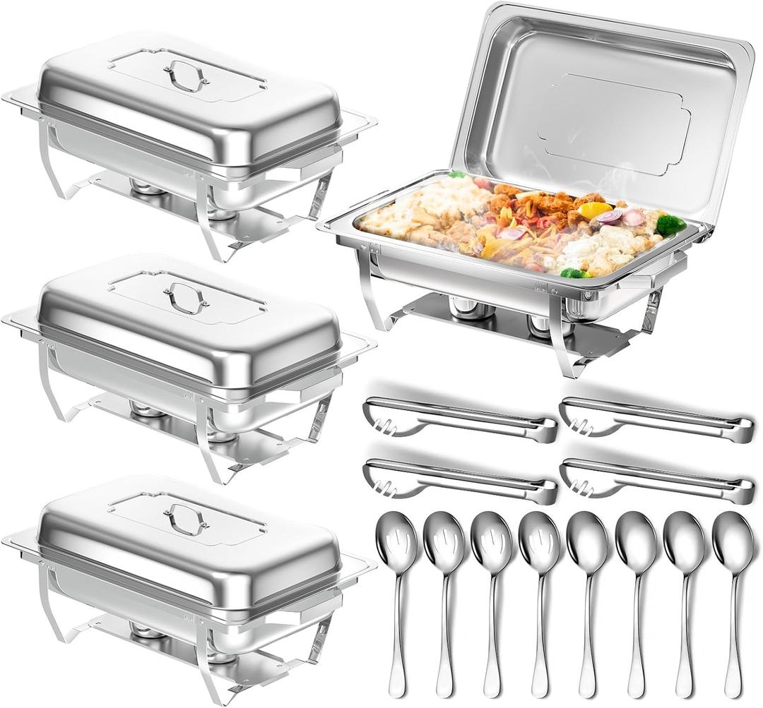 Chafing Dishes for Buffet, 8 Qt High Grade Chafing Dish Buffet Set, Rolled-Edge Design Food Warmers for Parties, Buffet, Wedding, Birthday, Camping 4 Pack 4 Pans [Silver]