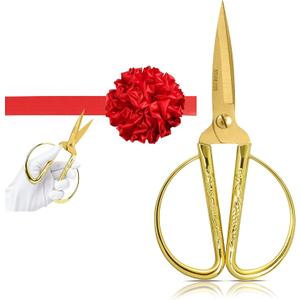 Grand Opening Ribbon-Cutting Ceremony Kit Includes Gold Scissors, Flower Ball, Red Ribbon & White Gloves,Suitable for all ribbon-cutting and inauguration ceremonies (Embossed Handle)