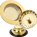 RQYEKDO 3-Pack Kitchen Sink Drain Strainer Stopper Set, Universal Anti-Clogging Stainless Steel Garbage Disposal Plug with Handle, Perforated Basket Filter Sieve for Standard 3.5" Drains (Gold)