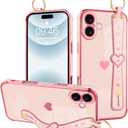 MOWIME for iPhone 16 Case with Strap, Cute Love Heart Pattern for Women Girls Soft Plating Bumper Anti-Scratch Protective Cover with Wrist Band Kickstand Holder, Pink